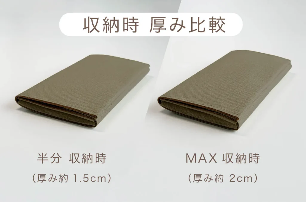 Tyla長財布の厚みを比較している、半分収納時・MAX収納時